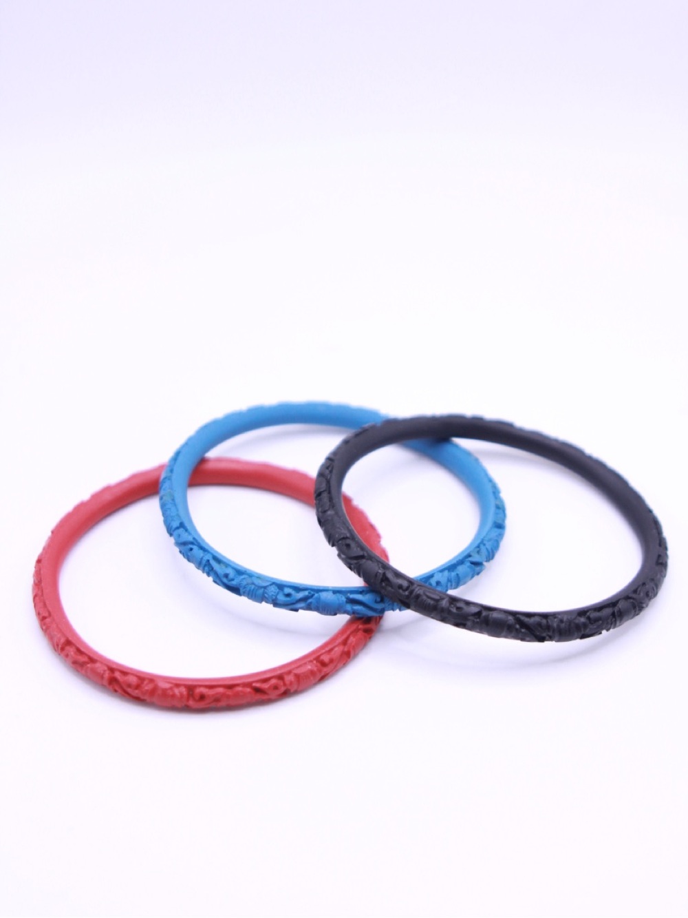Stackable Carved wood? 8” Bangle Set - Red, Blue, Black